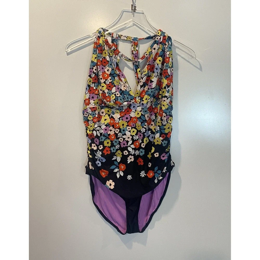 Anne Cole Floral Halter Keyhole One Piece Swimsuit Black Multi Plus Size 18W